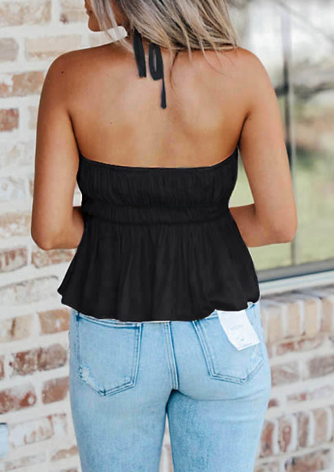 

Tank Tops Ruffled Open Back Halter Camisole in Black. Size