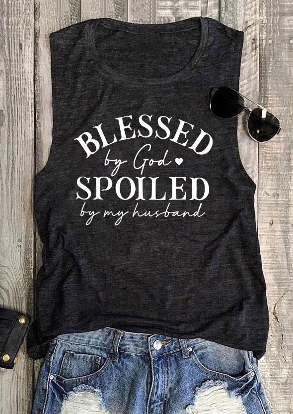 Tank Tops Blessed By God Spoiled By My Husband Heart Tank Top - Dark Grey in Gray. Size: L,XL