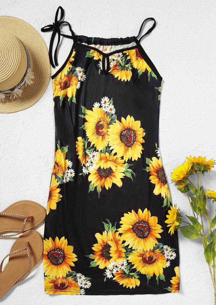 

Mini Dresses Sunflower Daisy Hollow Out Tie Spaghetti Strap Mini Dress in Black. Size