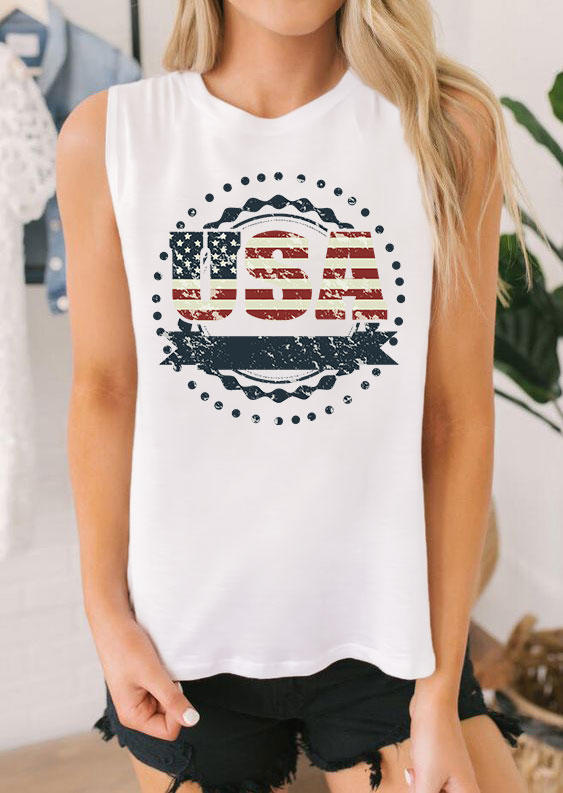 USA American Flag O-Neck Tank - White