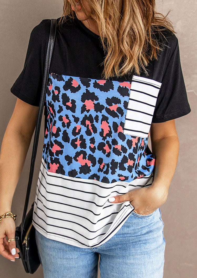 

Blouses Leopard Striped Pocket O-Neck Blouse in Black. Size