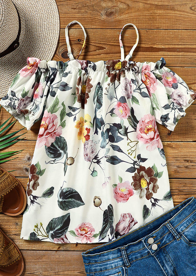 Floral Ruffled Cold Shoulder Spaghetti Strap Blouse