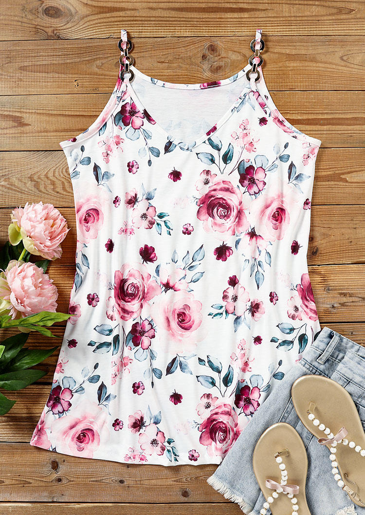 

Tank Tops Floral Spaghetti Strap V-Neck Camisole in White. Size