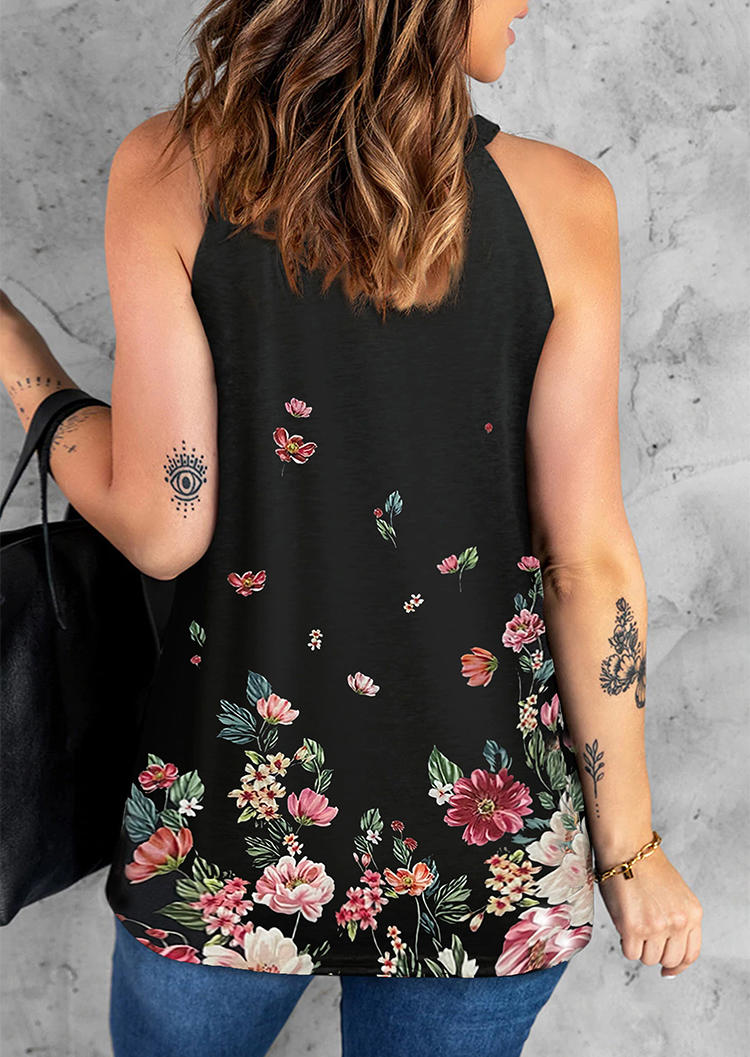Tank Tops Floral Cut Out O-Neck Casual Camisole in Black. Size: S