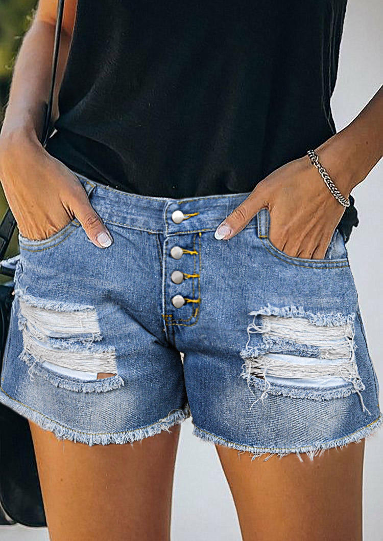 Shorts American Flag Ripped Hole Frayed Hem Button Denim Shorts in Blue. Size: S,M,L,XL