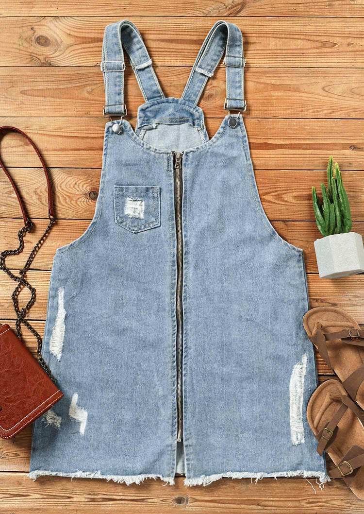 Zipper Frayed Pocket Denim Overall Mini Dress - Light Blue