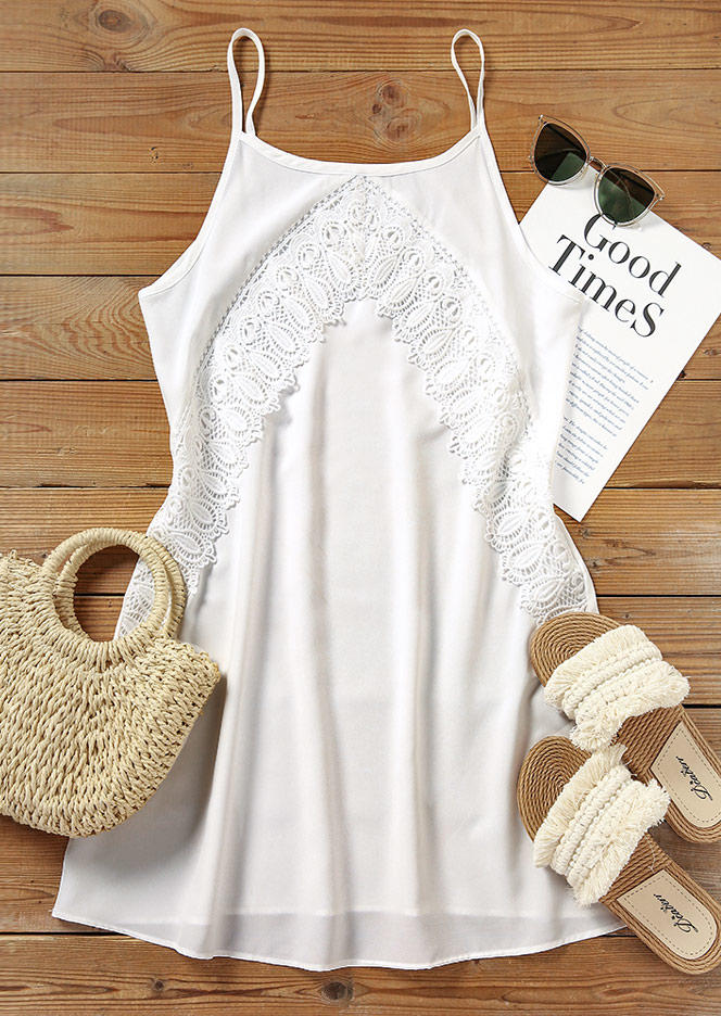 

Mini Dresses Lace Splicing Spaghetti Strap Mini Dress in White. Size: ,XL