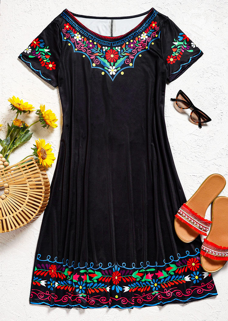 Vintage Floral Short Sleeve Mini Dress - Black