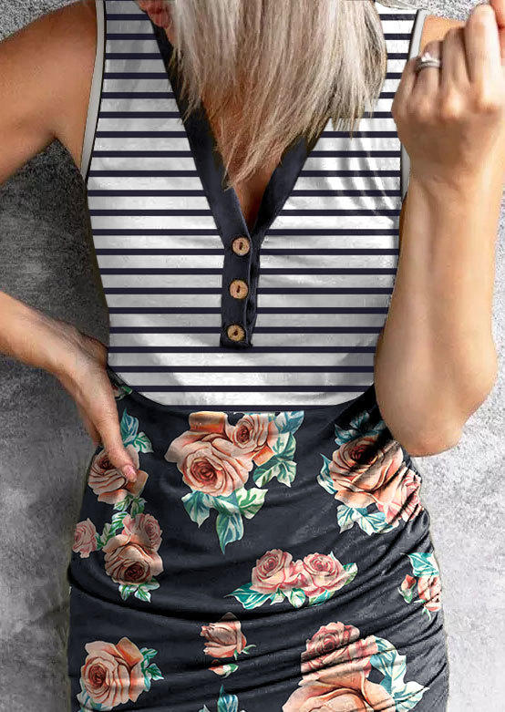 

Bodycon Dresses Striped Floral Ruched Button Bodycon Dress in Multicolor. Size