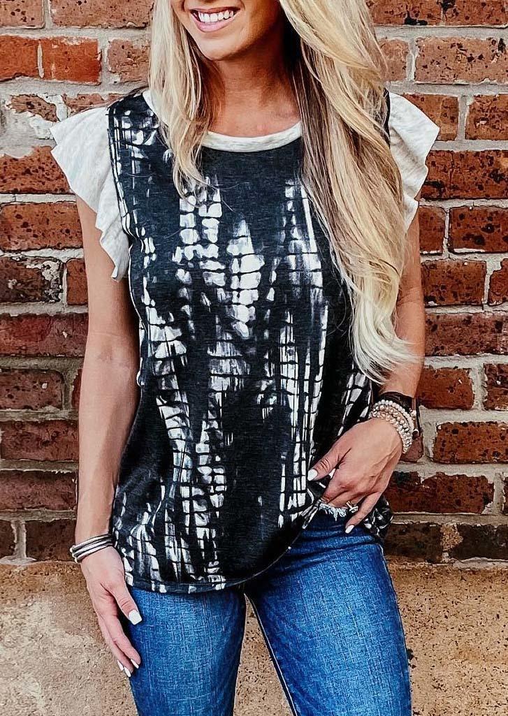 Tie Dye Ruffled Cap Sleeve Blouse - Black