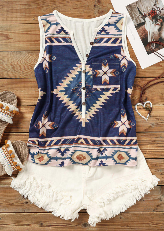 

Tank Tops Aztec Geometric Western Button Notched Neck Tank Top in Multicolor. Size