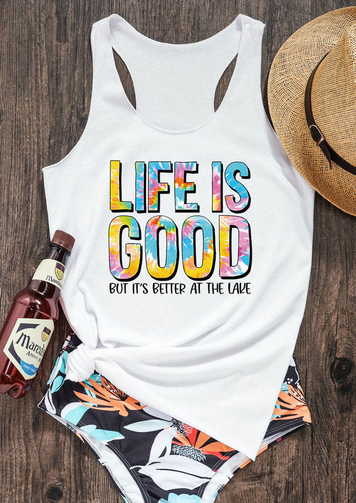 

Tank Tops Life Is Good But It' Better At The Lake Tie Dye Racerback Tank Top in White. Size