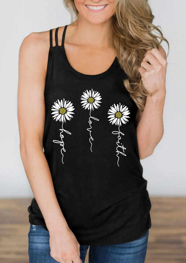 Tank Tops Hope Love Faith Daisy Hollow Out Tank Top in Black. Size: M