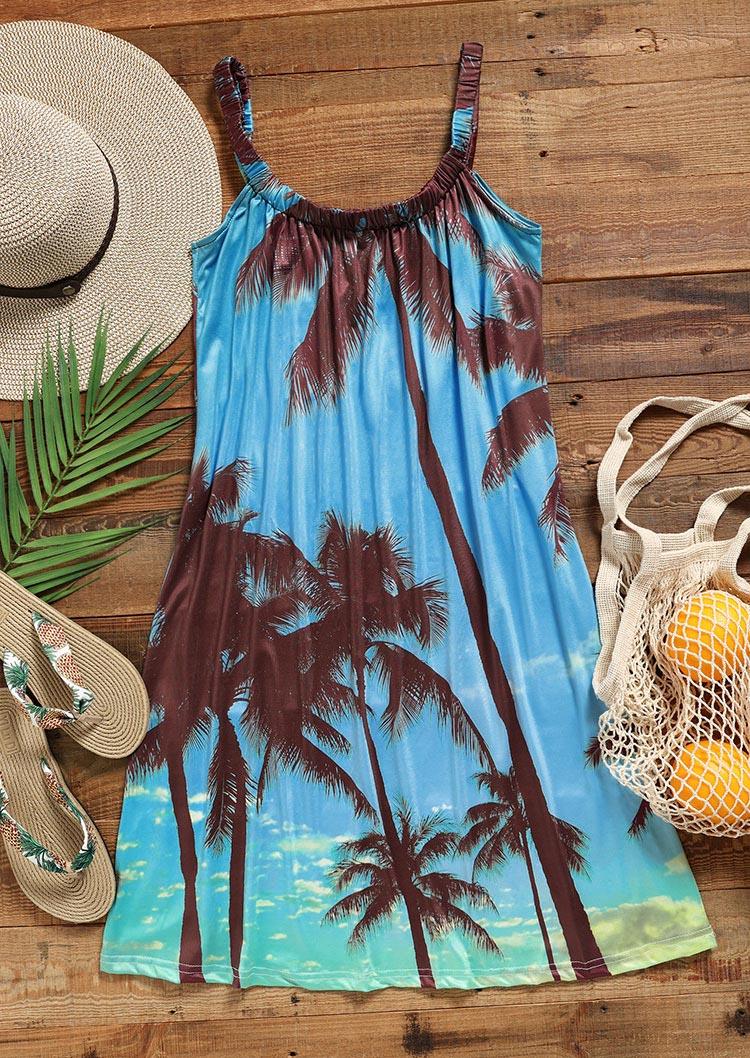 Mini Dresses Coconut Tree Ruffled Sleeveless Mini Dress in Blue. Size: M,L,XL