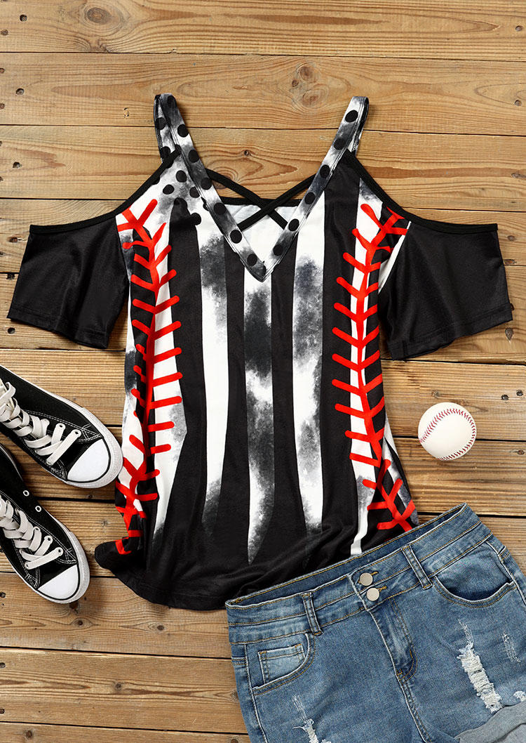 

Blouses Baseball Polka Dot Criss-Cross Cold Shoulder Blouse in Black. Size