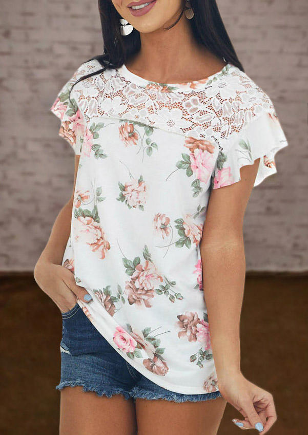 Blouses Lace Splicing Floral Cap Sleeve Blouse in White. Size: S,M,L,XL
