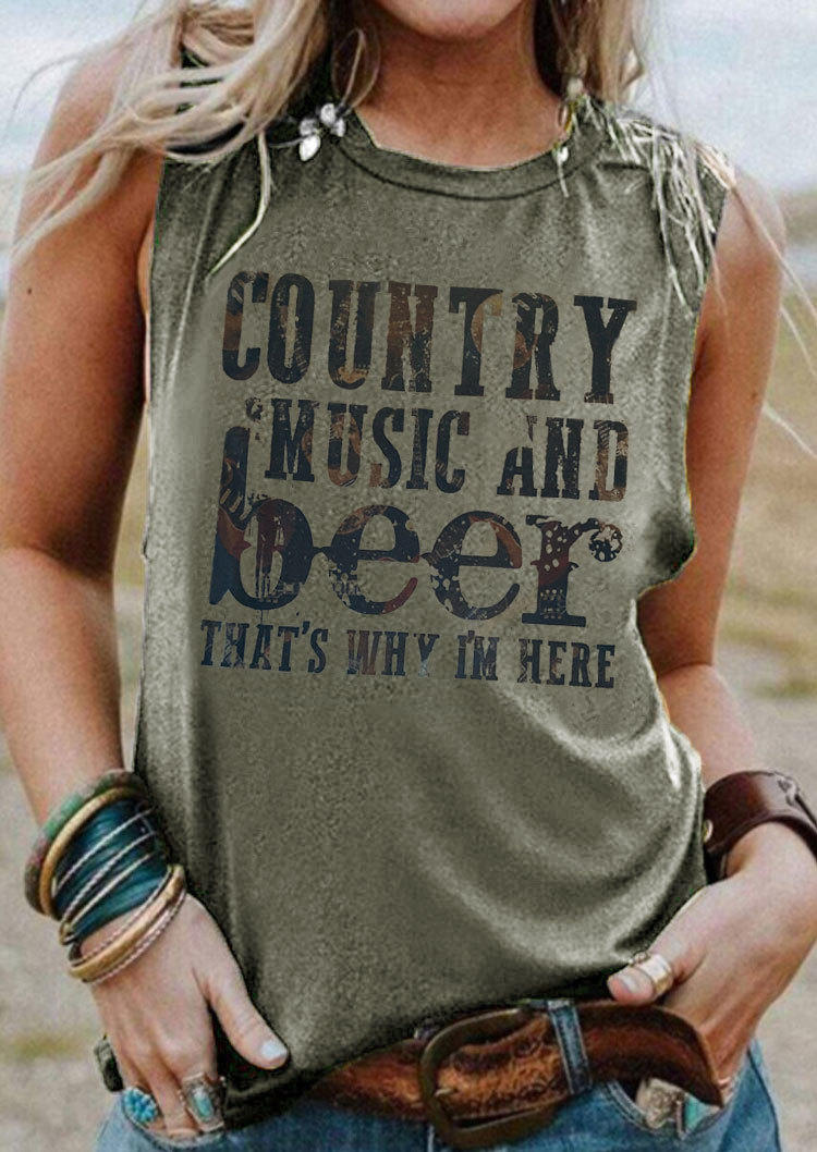 Tank Tops Country Music And Beer That's Why I'm Here Tank Top - Army Green in Green. Size: 2XL,3XL,L,M,S,XL