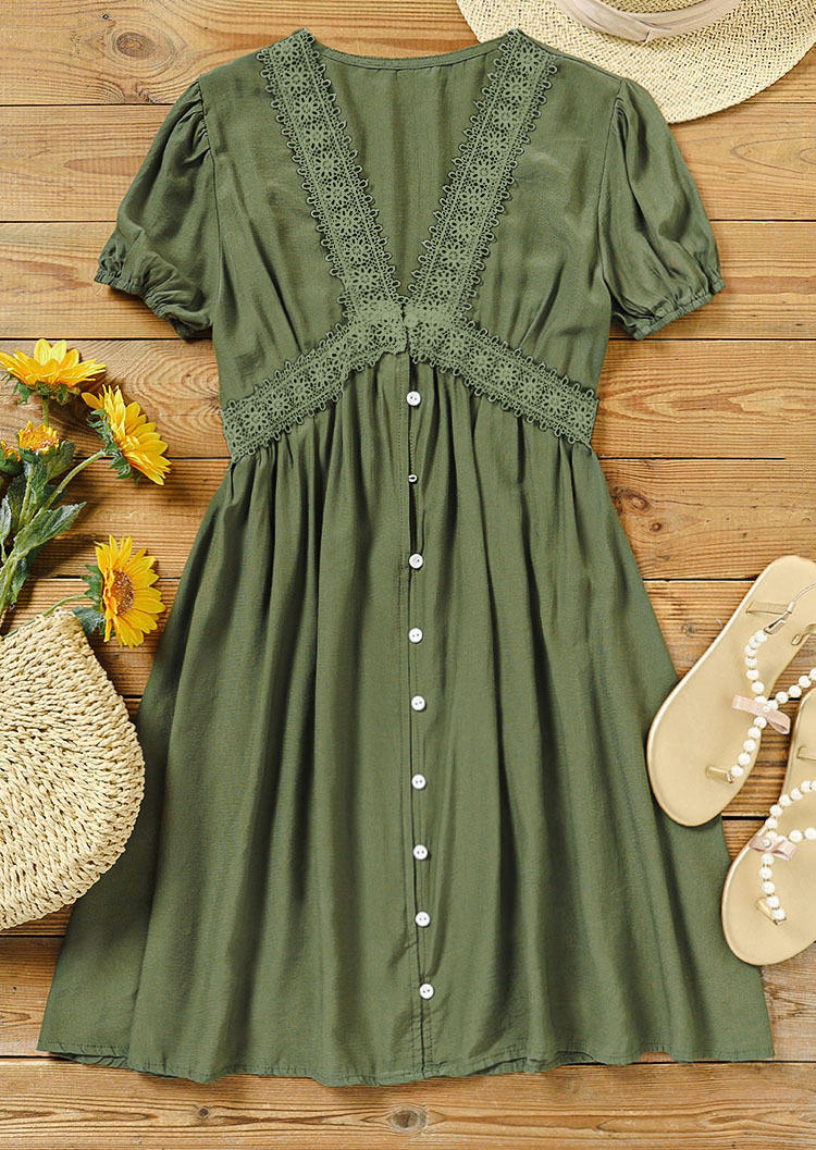 Lace Button V-Neck Mini Dress - Army Green