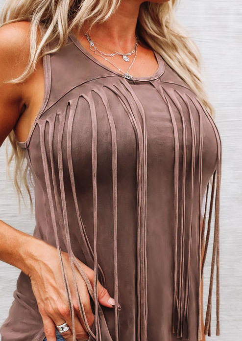 Tank Tops Tassel O-Neck Casual Tank Top in Brown. Size: S