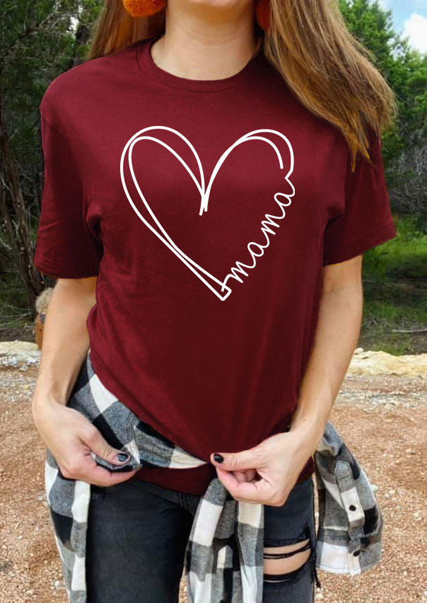 Mama Heart O-Neck T-Shirt Tee - Burgundy