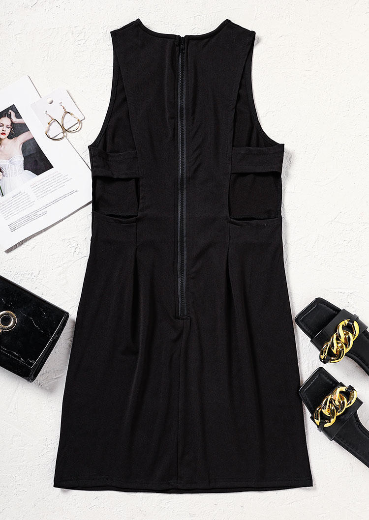 Zipper Hollow Out Ruffled Sleeveless Mini Dress - Black