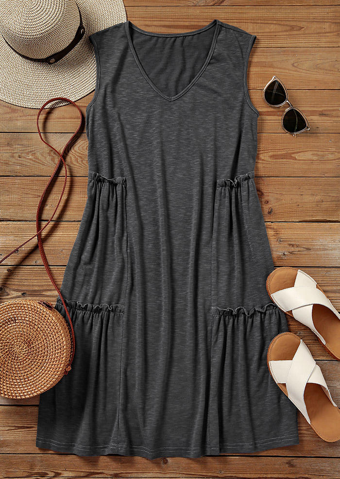 Mini Dresses Ruffled Sleeveless V-Neck Mini Dress - 	Dark Grey in Gray. Size: L,M,S