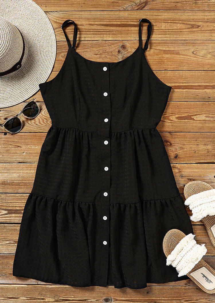 

Mini Dresses Button Ruffled Spaghetti Strap Mini Dress in Black. Size: ,L