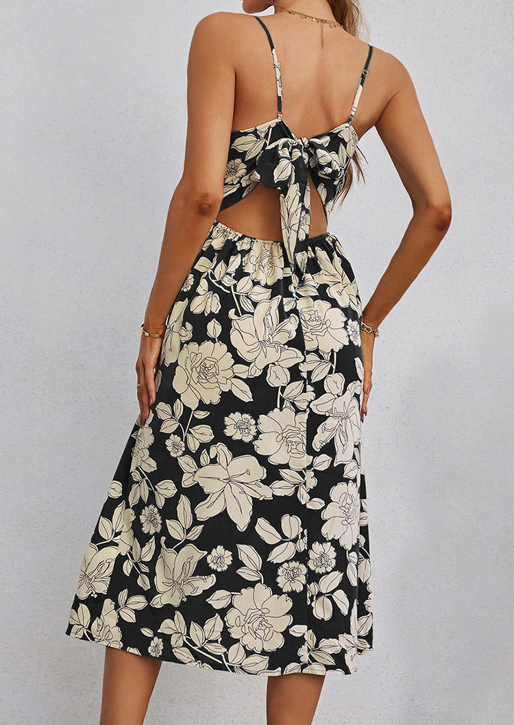

Midi Dresses Floral Button Hollow Out Midi Dress in Black. Size