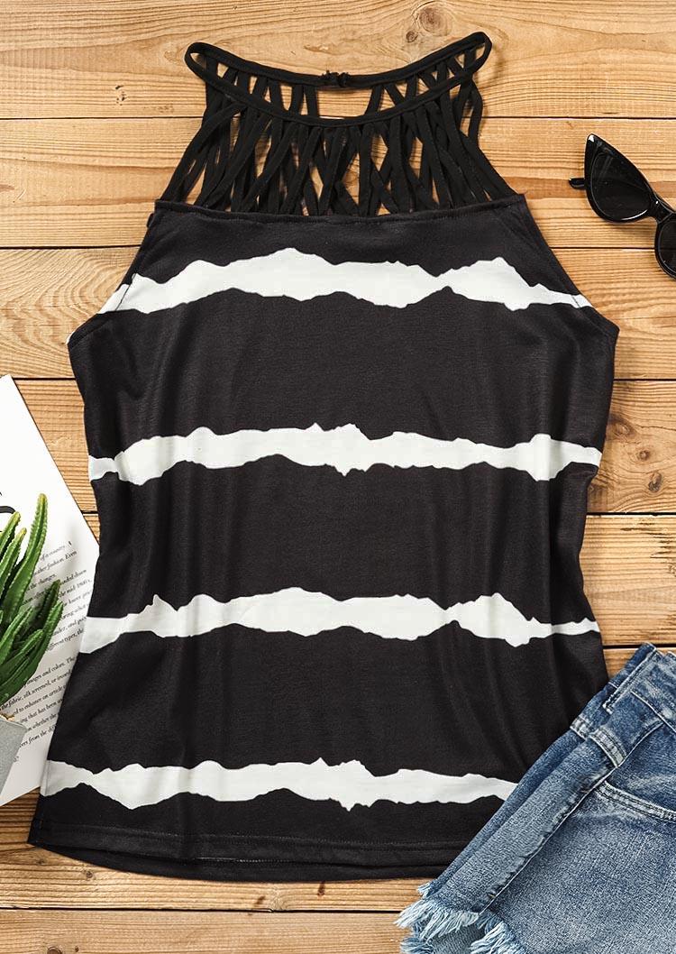 Tank Tops Striped Hollow Out Criss-Cross Camisole in Stripe. Size: S,M,L,XL
