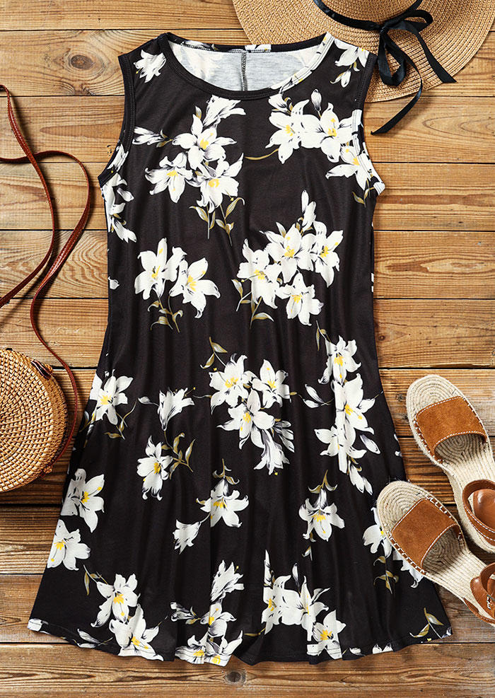 Mini Dresses Floral Pocket Sleeveless Mini Dress in Black. Size: M,S