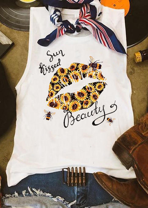 

Tank Tops Sun Kissed Beauty Sunflower Lips Bee O-Neck Tank Top in White. Size