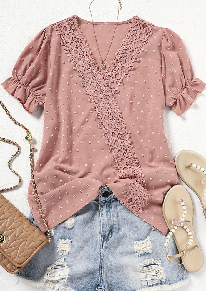 

Blouses Lace Dotted Swiss Ruffled Blouse in Cameo Brown. Size