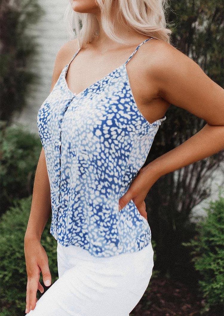 Tank Tops Leopard Button V-Neck Casual Camisole in Blue. Size: M