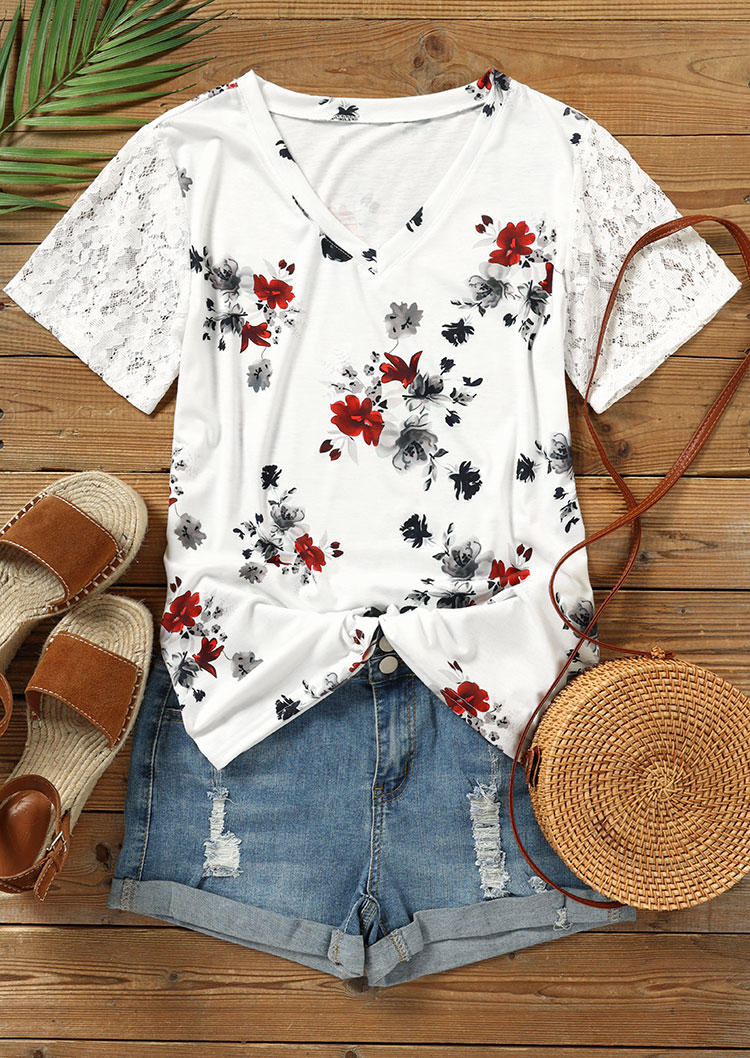 Blouses Floral Lace Splicing V-Neck Blouse in White. Size: S