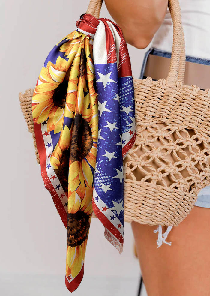 Multi-Functional American Flag Sunflower Square Headband Hair Scarf in Multicolor. Size: One Size