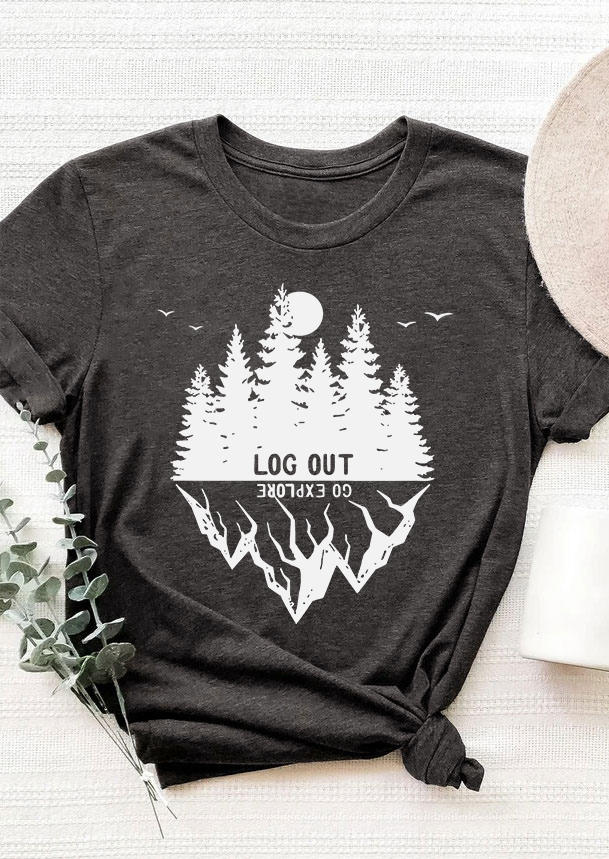 T-shirts Tees Log Out Go Explore Mountains Forest T-Shirt Tee in Dark Grey. Size: S,M,L,XL