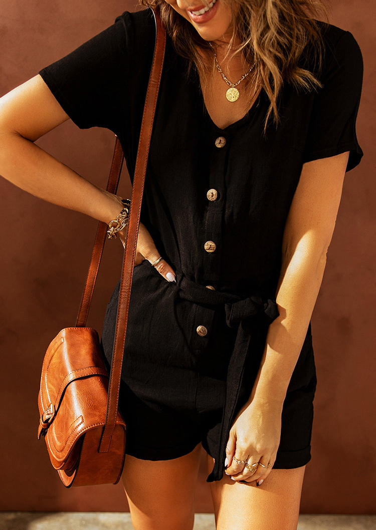 

Jumpsuits & Rompers Button Short Sleeve Romper With Belt in Black. Size
