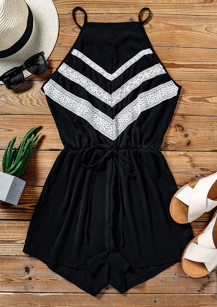 

Jumpsuits & Rompers Lace Splicing Spaghetti Strap Romper in Black. Size
