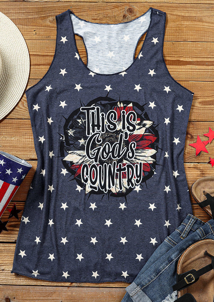 Tank Tops This Is God's Country American Flag Sunflower Racerback Tank Top in Navy Blue. Size: S,M,XL