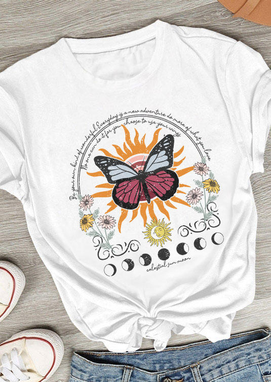 T-shirts Tees Butterfly Celesyial Sun Moon Retro T-Shirt Tee in White. Size: S,L,XL