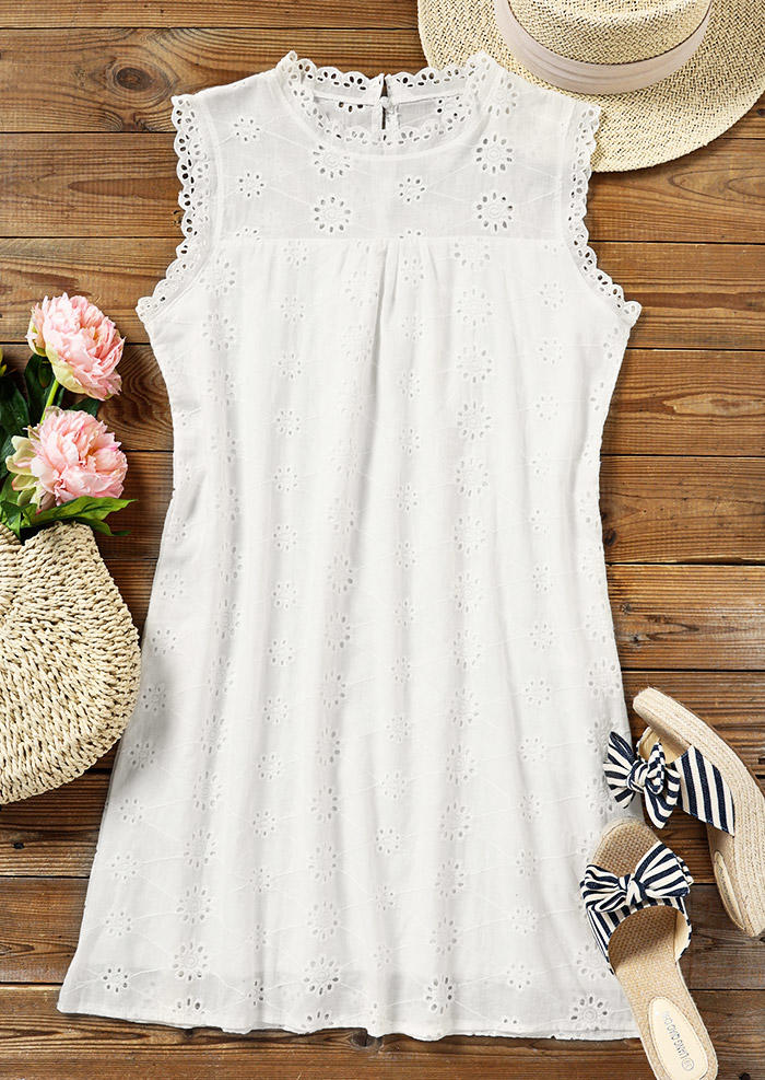 Floral Hollow Out Button Mini Dress - White