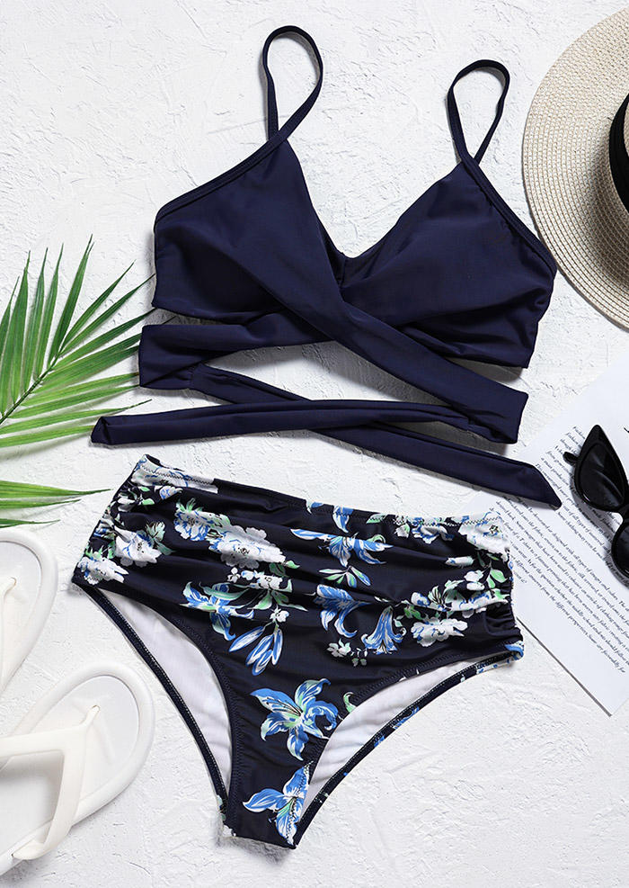 

Bikini Sets Floral Criss-Cross Ruched Bikini Set in Navy Blue. Size