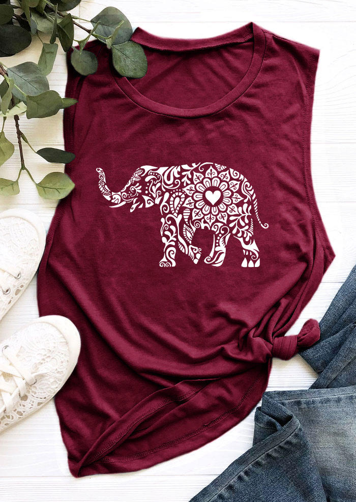 

Tank Tops Floral Elephant O-Neck Tank Top in Burgundy. Size