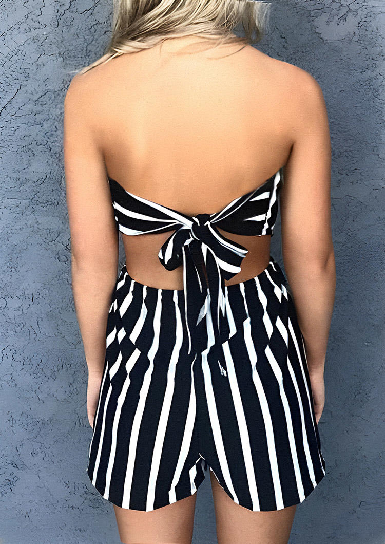 Jumpsuits & Rompers Vertical Striped Bowknot Open Back Romper in Black. Size: M,L
