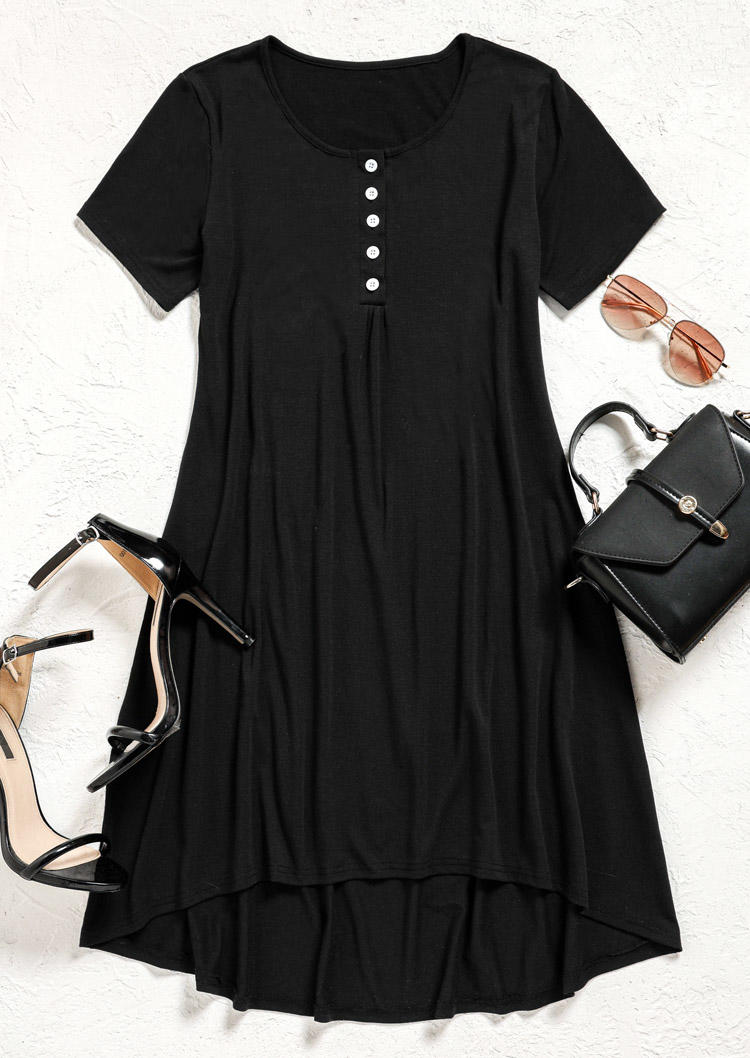Button High Low Hem Short Sleeve Mini Dress - Black