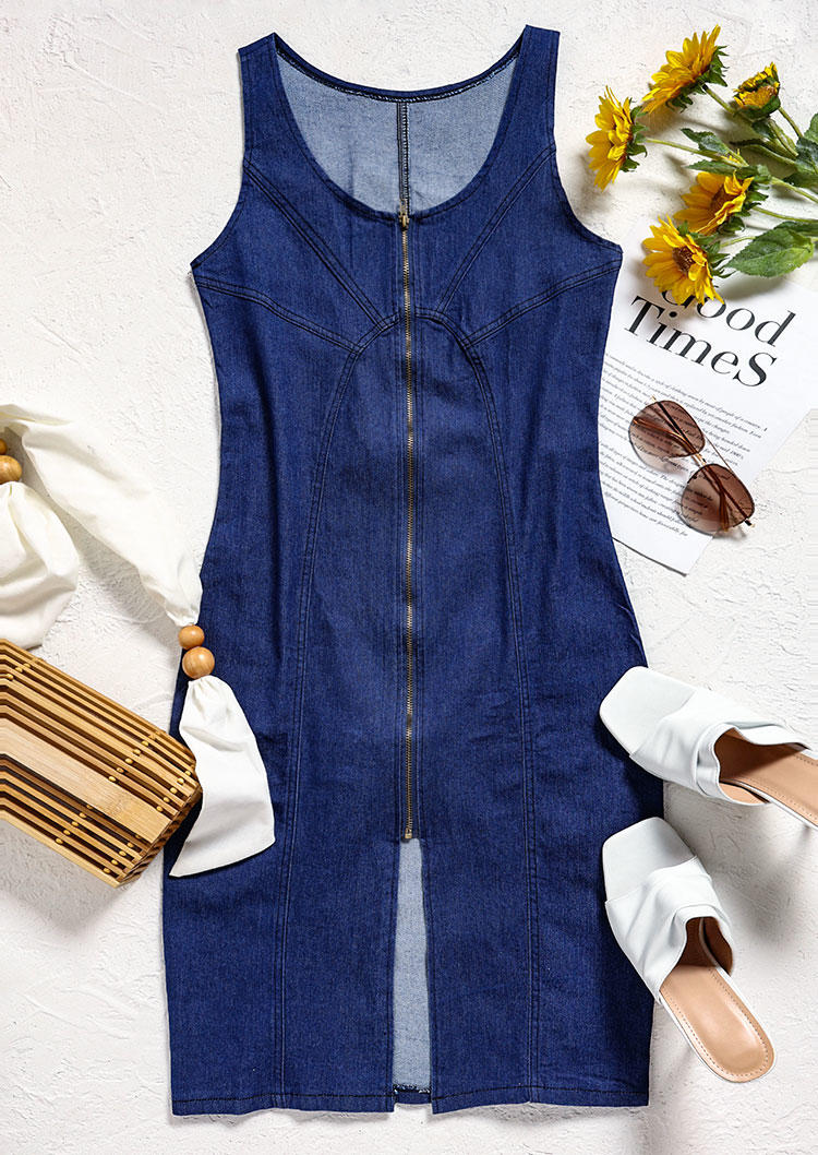

Bodycon Dresses Zipper Slit Sleeveless Denim Bodycon Dress in Blue. Size: ,L
