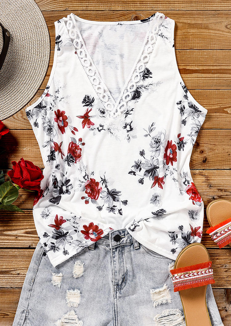 Tank Tops Floral Lace Casual Tank Top in White. Size: S,M,L,XL