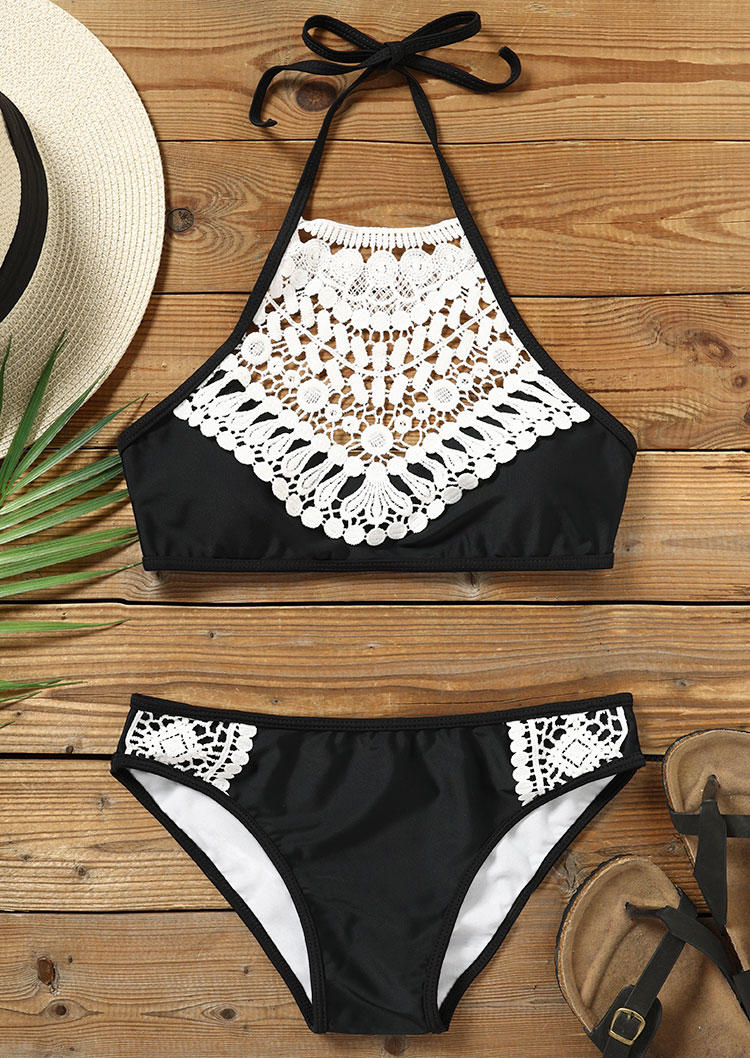 

Bikini Sets Lace Splicing Halter Bikini Set in Black. Size