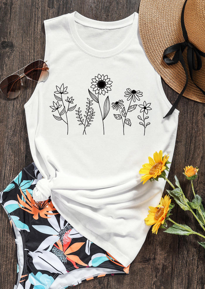 

Tank Tops Wild Flower O-Neck Casual Tank Top in White. Size