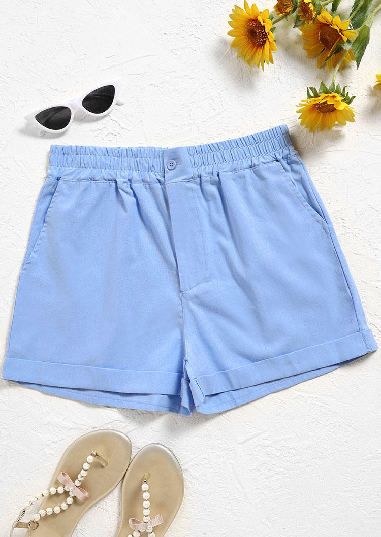 

Shorts Ruffled Button Zipper Elastic Waist Shorts in Blue. Size